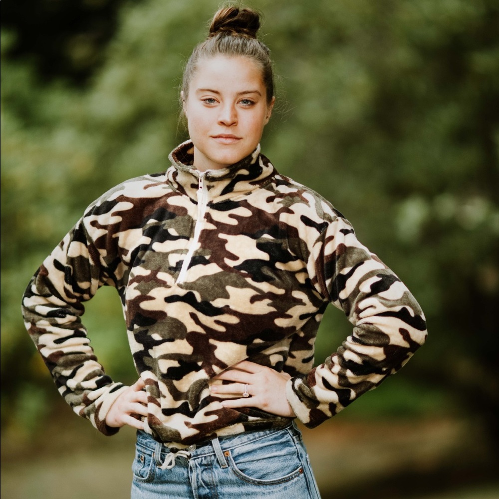 Hem & Thread Camo 1/4 Zip Up Fuzzy Crop Sweater